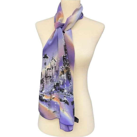 Hand Painted 100% Silk Scarf, Purple Blue City Skyline Print Wearable Art Wrap - Picture 5 of 8